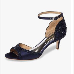 XYD Navy Chic Peep Toe D'Orsay Kitten Heel Rhinestone Studs Ankle Strap Sandals